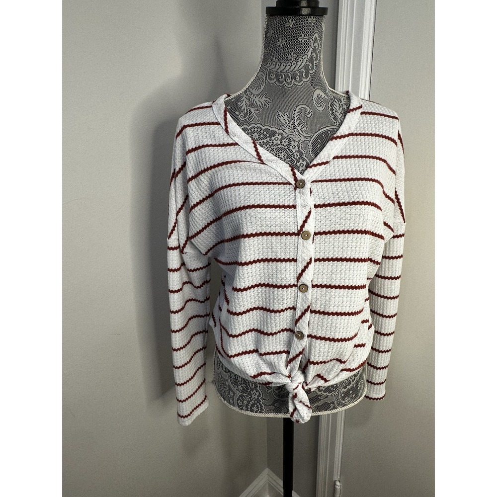 Paper Crane Boho Striped Waffle Knit Tie Front Top Sz:M White Red Cotton Blend